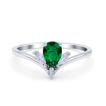 Teardrop Pear Art Deco Engagement Ring Simulated Green Emerald CZ 925 Sterling Silver